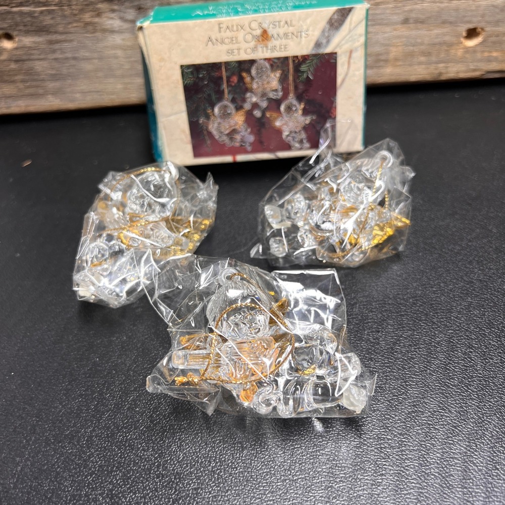 Vintage Faux Crystal Angel Ornaments Set of 3 Gold Wings Cherubs Christmas Decor